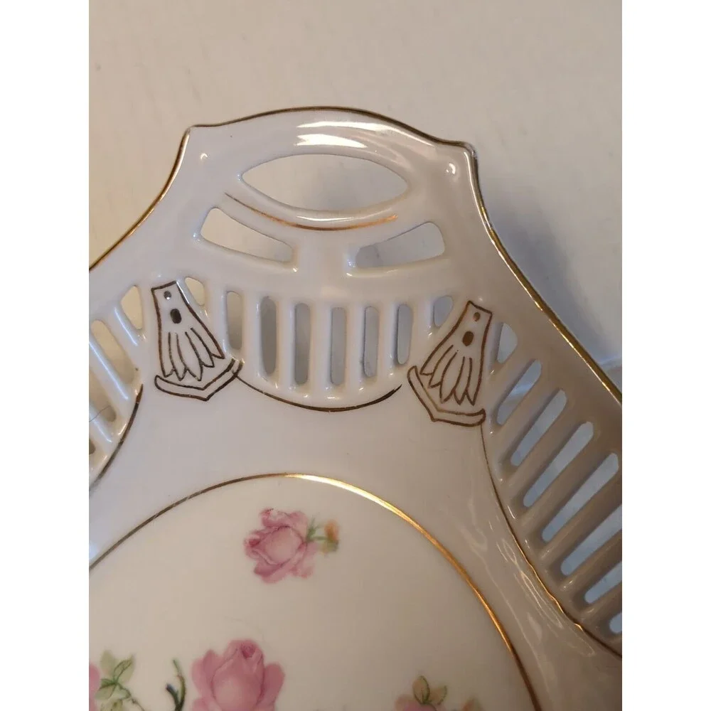 Bavaria German Reticulated Serving Bowl Dish Rose Floral Oval Double Handled